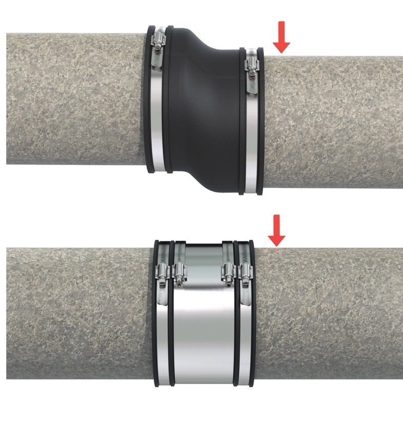 Diagram: under load, a non-shielded coupling flexes and the pipe drops out of line (top), while a Strong Back RC shielded coupling holds the pipe ends in line (bottom)