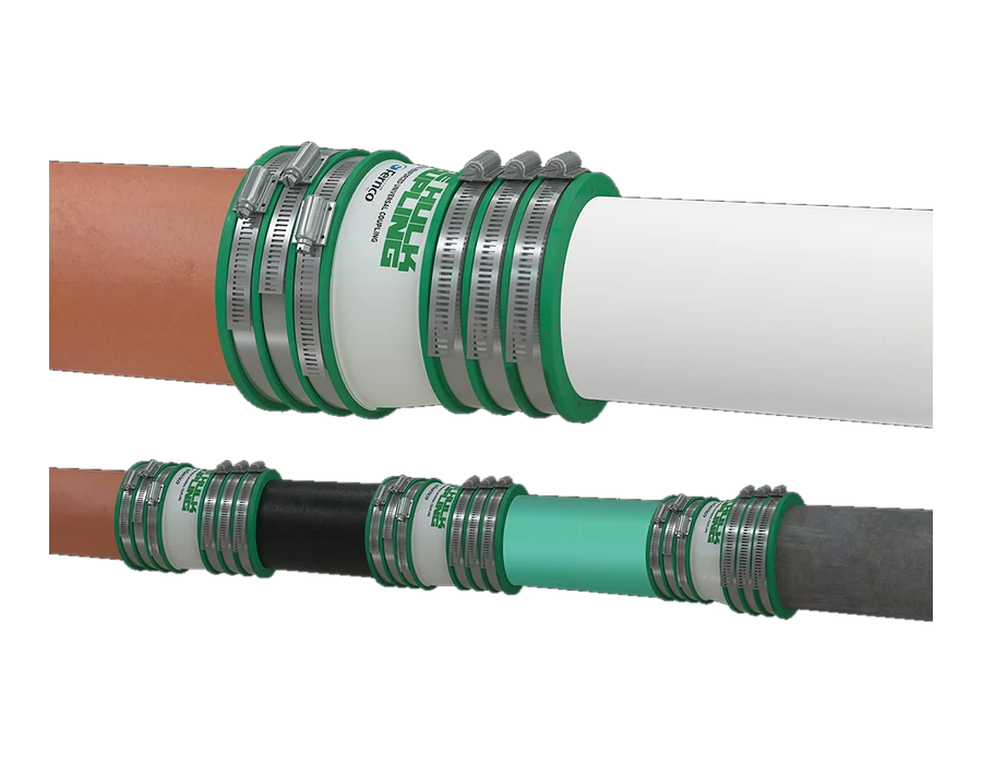 Fernco HULK couplings joining clay, PVC, cast iron and other pipe materials