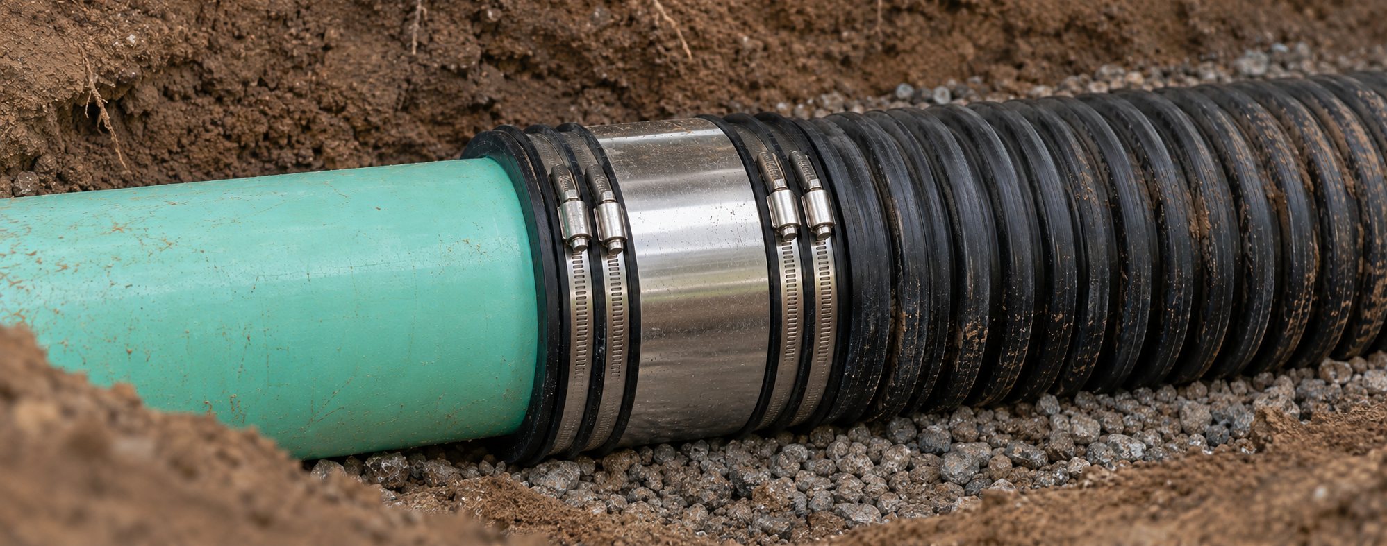 Fernco Strong Back HTRC coupling joining green PVC pipe to corrugated polyethylene pipe in a gravel-bedded trench