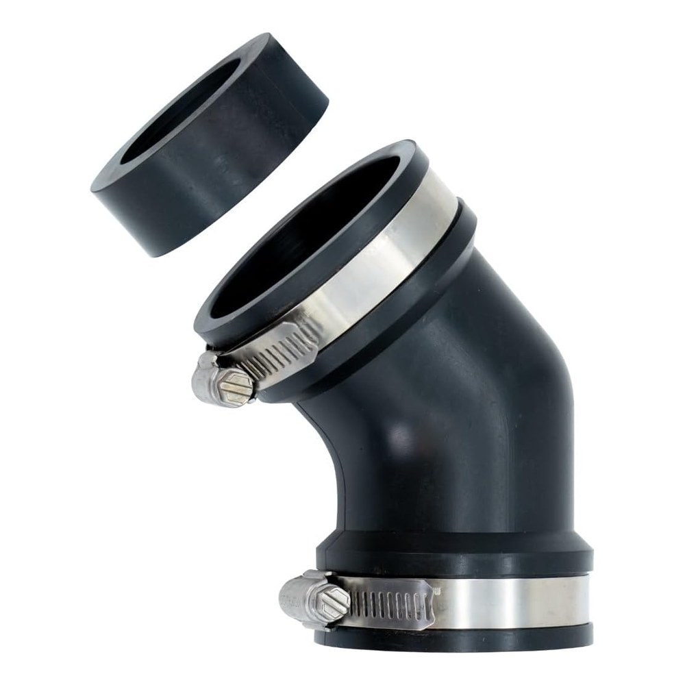 Fernco Qwik 45&deg; Ell with a Qwik Bushing positioned above the upper opening