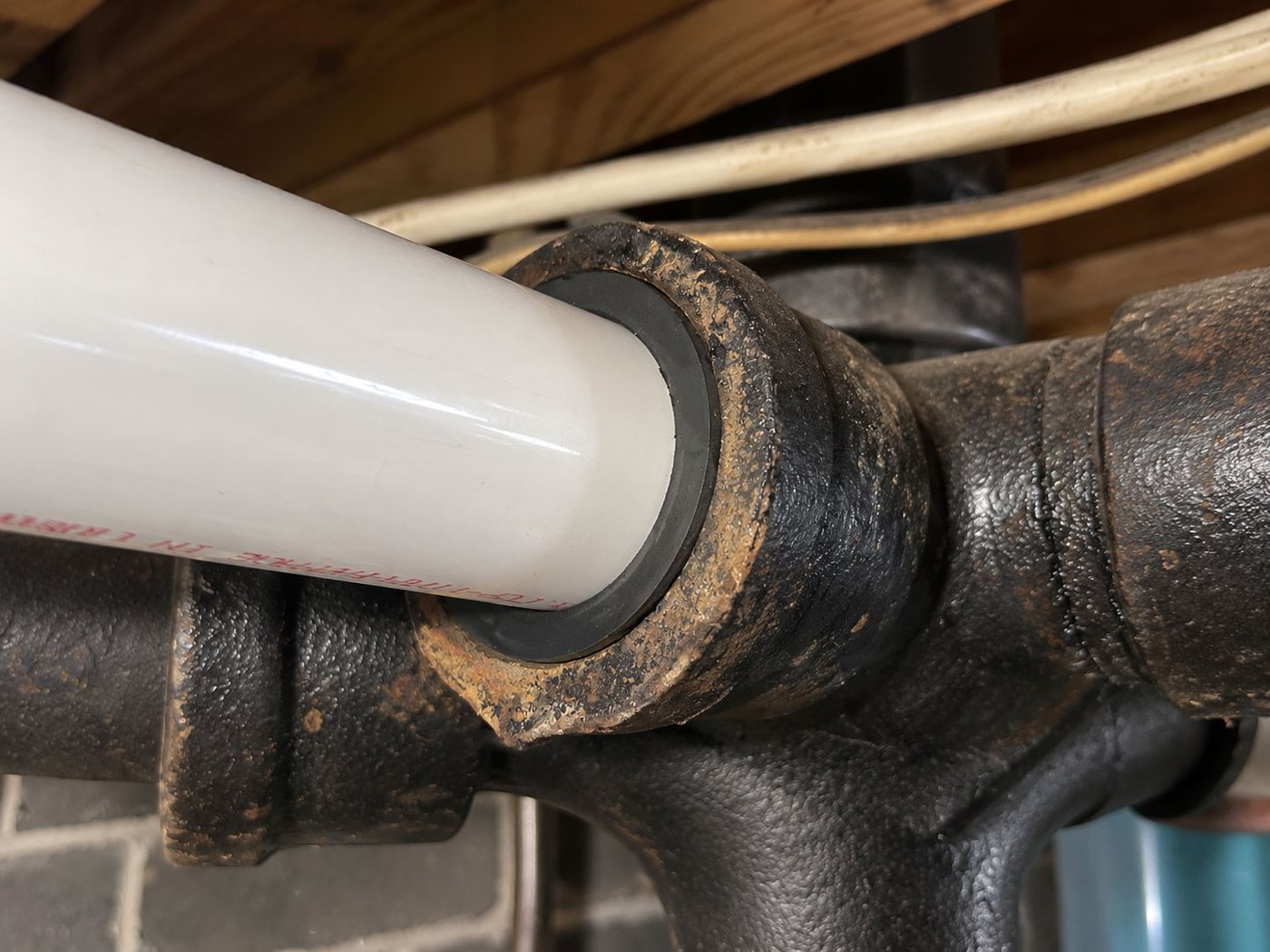 White PVC pipe sealed into an old cast iron hub with a Fernco Donut