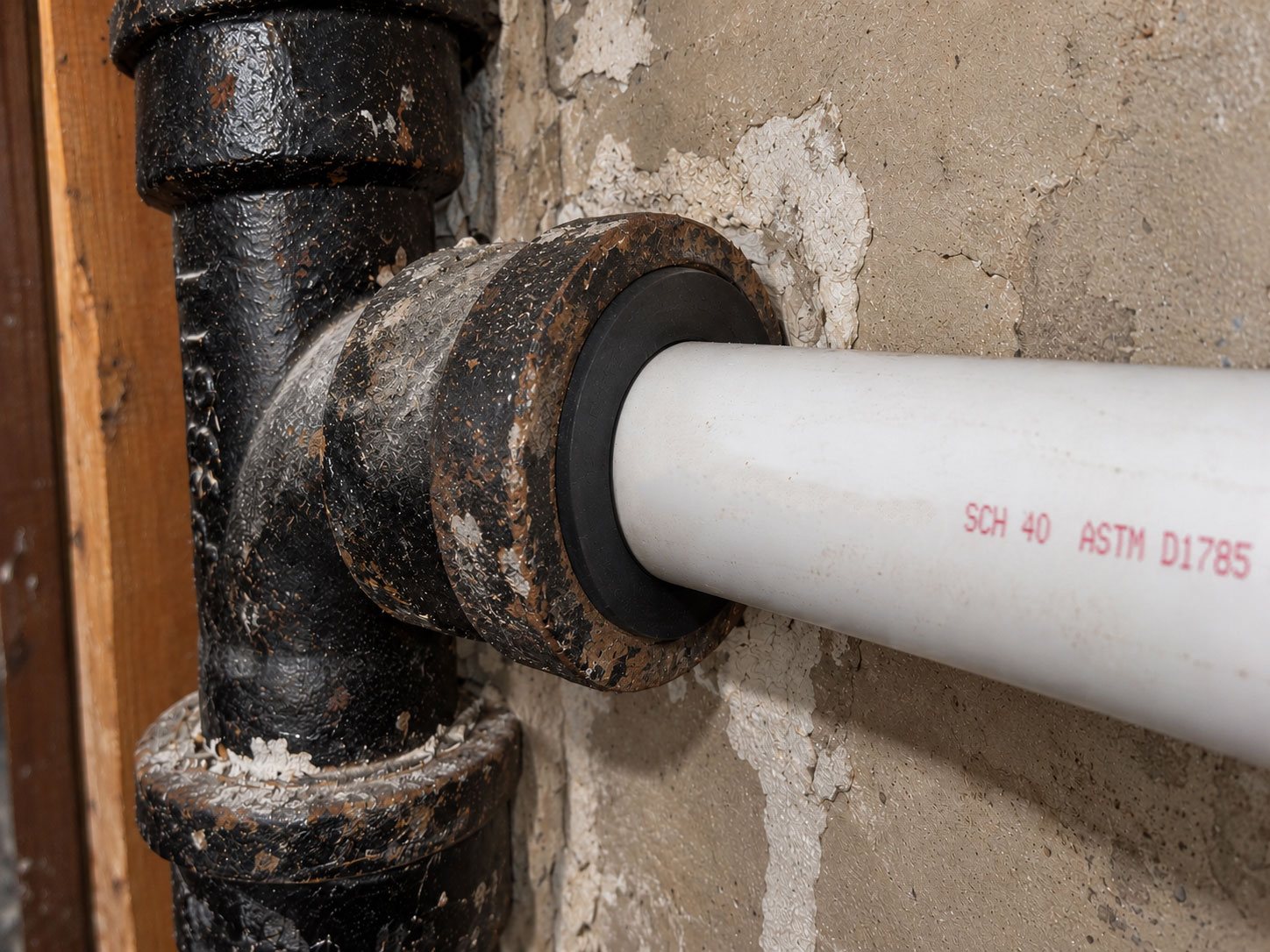 Fernco Donut sealing Schedule 40 PVC pipe into the hub of a cast iron tee against a basement wall