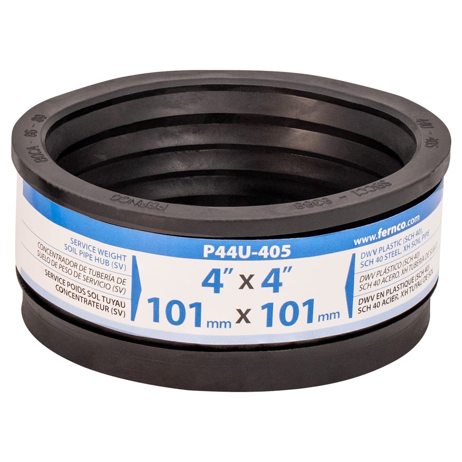 Fernco P44U-405 4 inch service weight hub by 4 inch donut with label