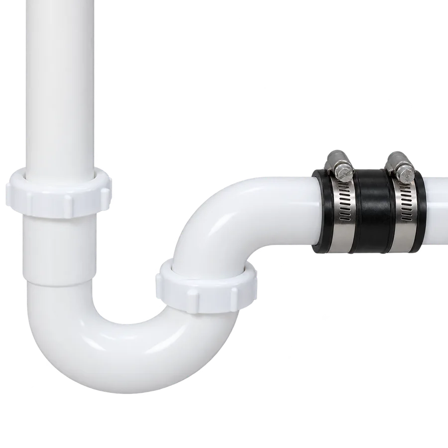 Fernco TC-150 connector joining two lengths of white plastic tubular drain pipe