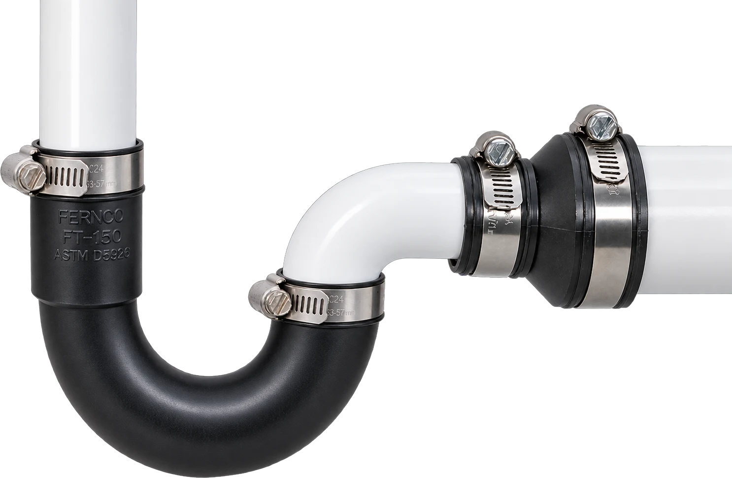 Fernco Qwik Trap and a reducing drain connector on white PVC drain pipe