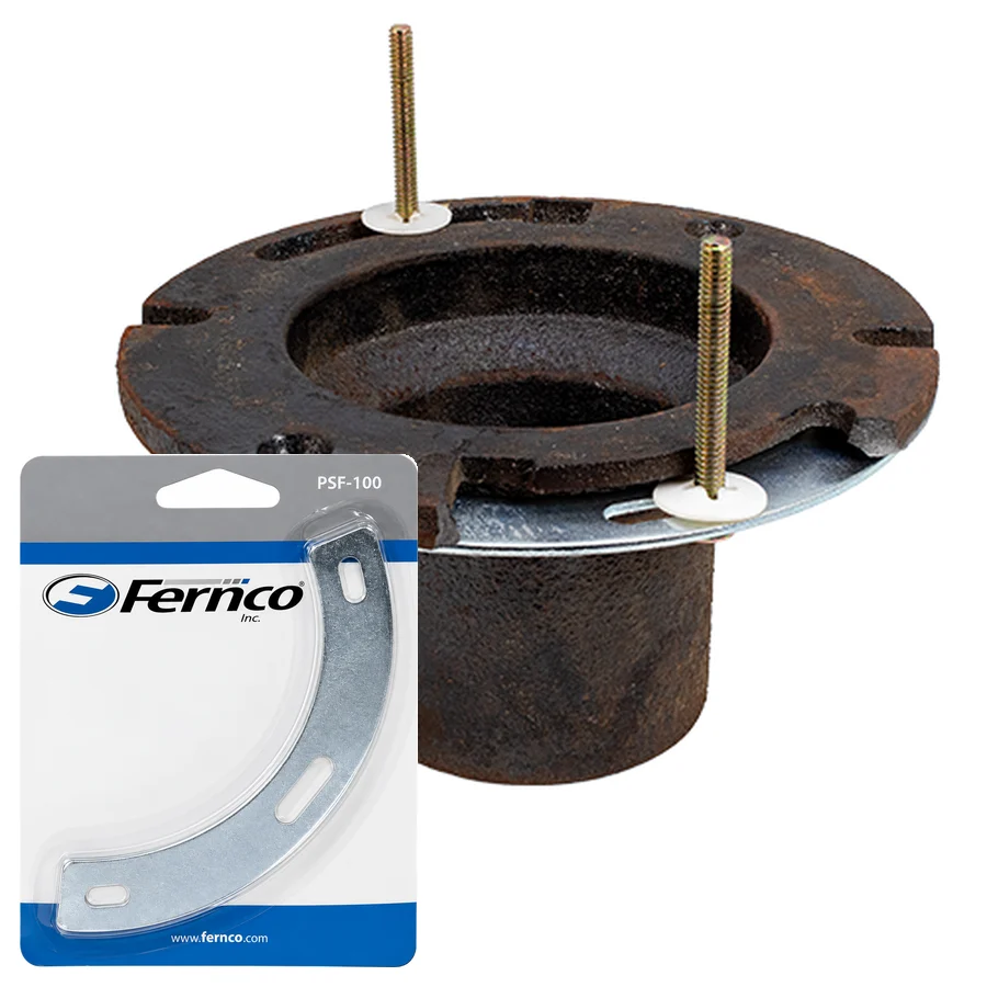 Fernco PSF-100 Fix-A-Flange retail pack in front of a cast iron toilet flange repaired with a horseshoe