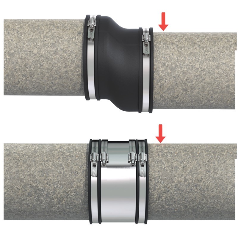 A flexible coupling sagging under load compared with a Strong Back RC shielded coupling holding the pipe in line