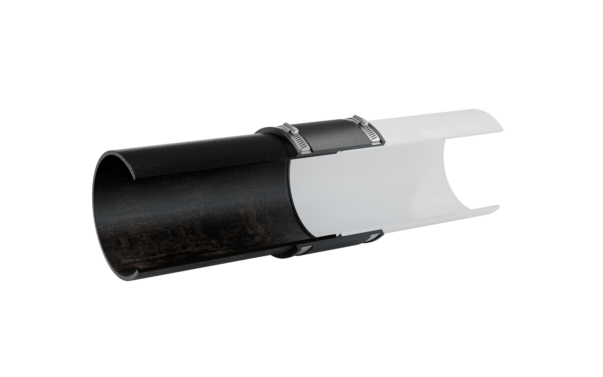Cutaway view of Fernco Standard Coupling connecting cast iron to PVC
