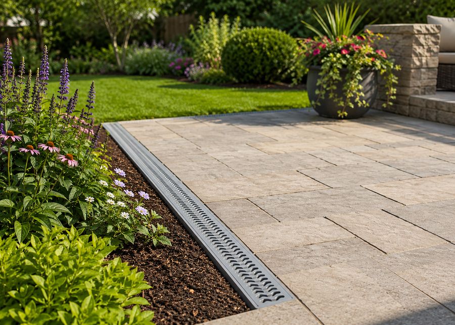 StormDrain Plus between a patio and a garden bed