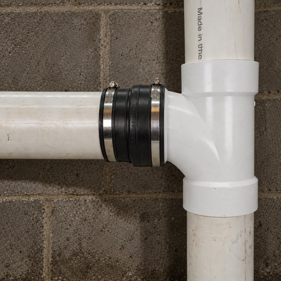 Close-up of a Fernco socket coupling with stainless steel clamps joining PVC pipe to the hub of a PVC tee