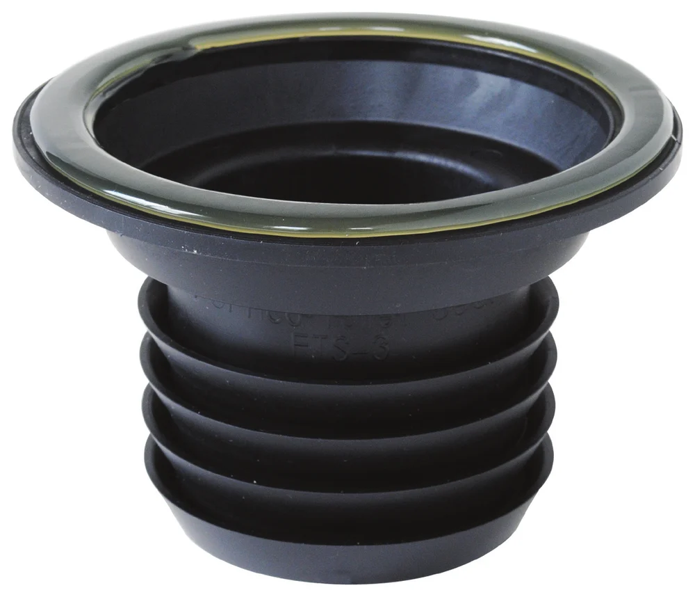 Fernco wax-free toilet seal, black flexible PVC with an adhesive lip and sealing ribs